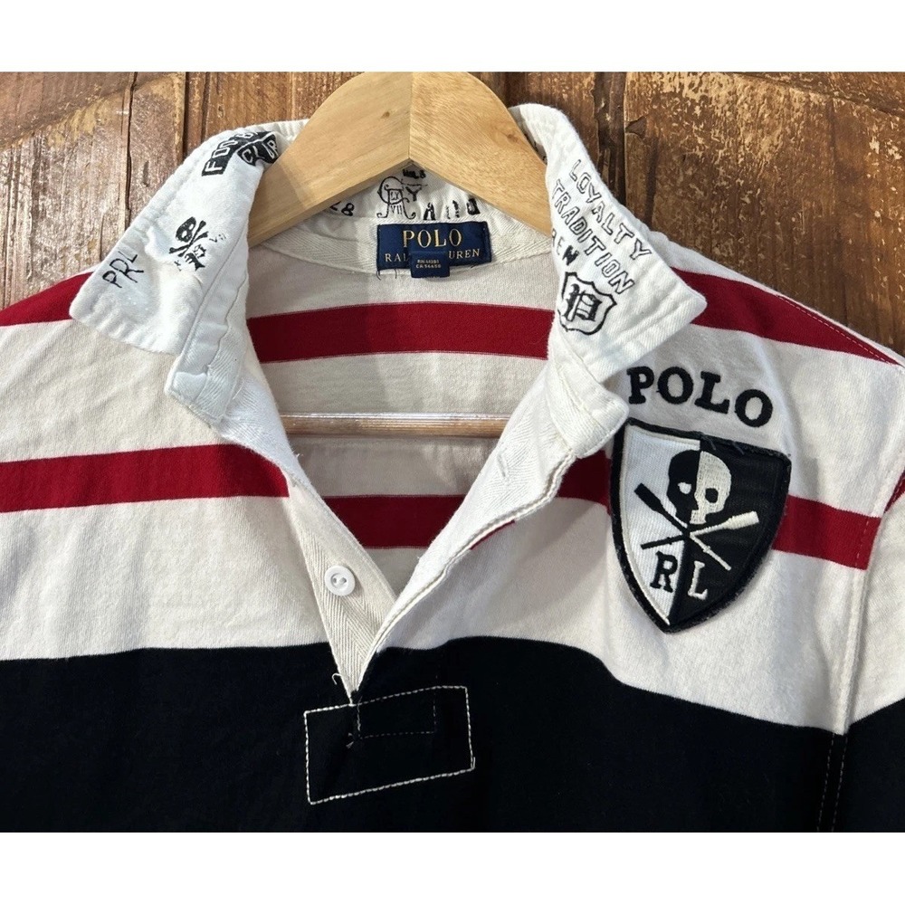 RARE Boys Polo Ralph Lauren Rugby Shirt Stripe Skull Crest Polo Script Large 14